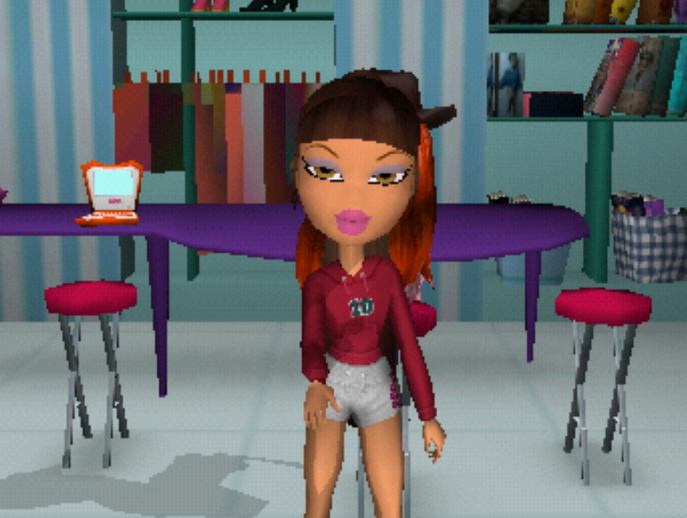 Yasmin has brown skin and reddish brown hair. Her hair is worn in a long ponytail and bangs and she has hazel eyes. She wears a burgundy hoodie and grey exercise shorts.